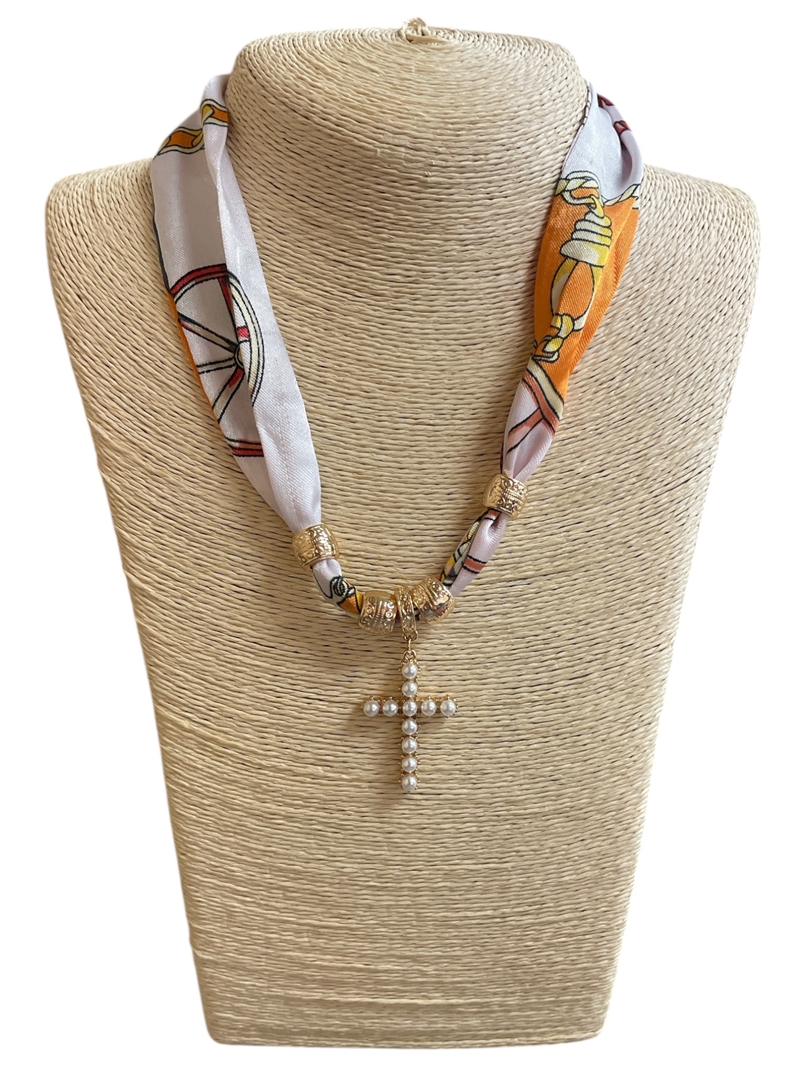 15-2135  PEARL CROSS  &  ORANGE  WHITE SCARF  NECKLACE