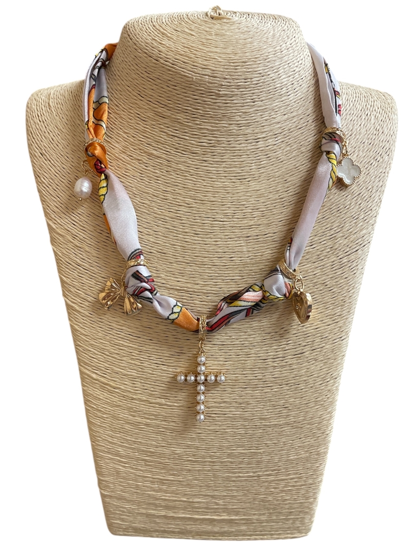 15-2137  PEARL CROSS  & CREAM ORANGE  SCARF NECKLACE