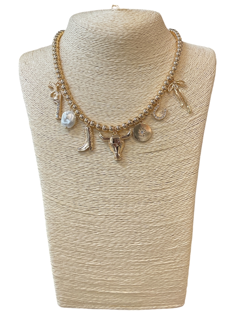 15-2188  BEADED PEARL MULTI CHARM GOLD WESTERN NECKLACE