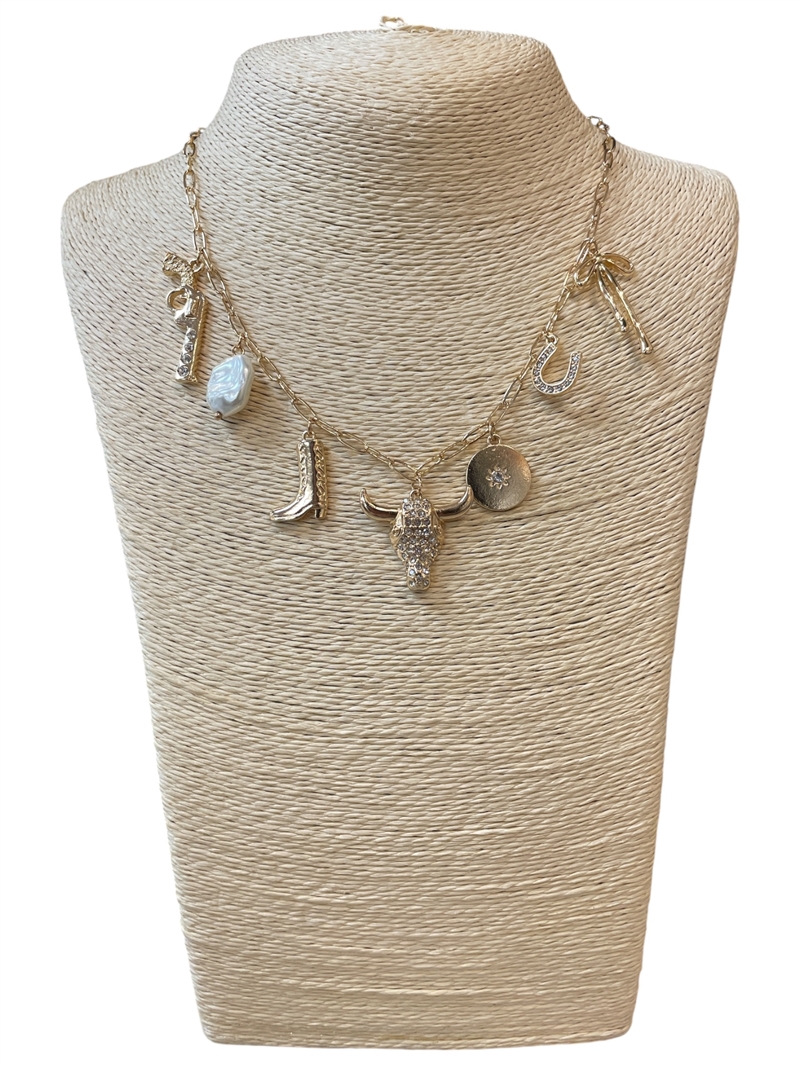 15-21881 PEARL MULTI CHARM WESTERN GOLD NECKLACE