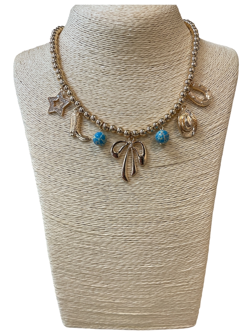 15-2189 GOLD MULTI CHARM BOW AND TQS BEAD WESTERN NECKLACE