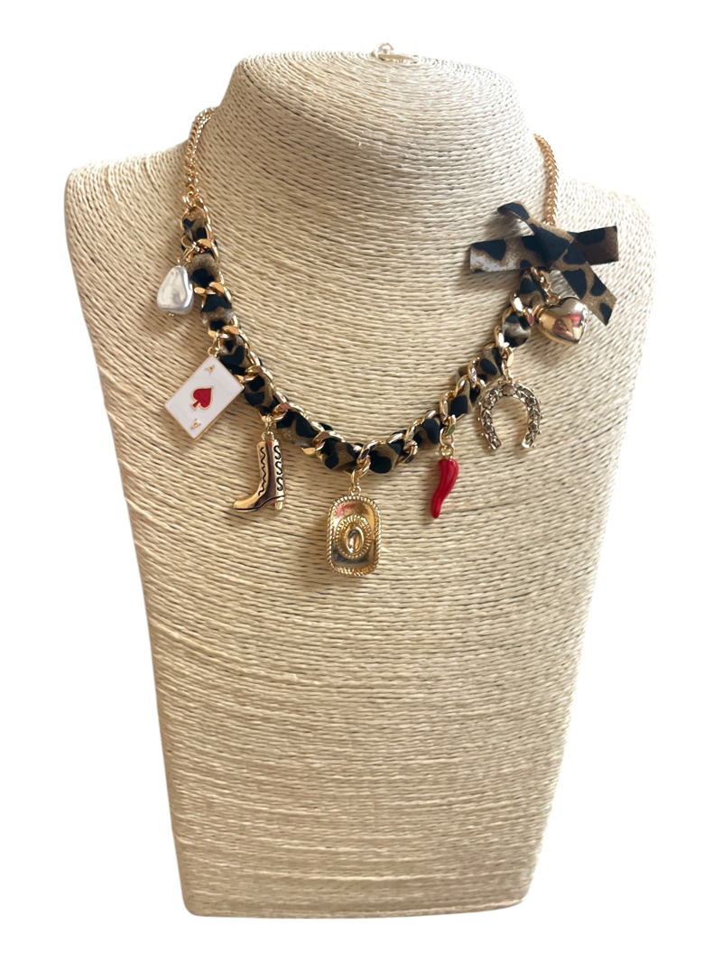 15-2277 LEOPARD PRINT RED CHARM WESTERN NECKLACE