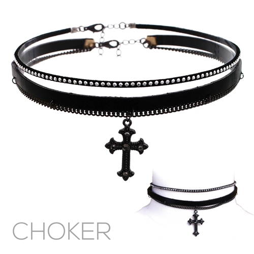 15475HE RHINESTONE CROSS TWO CHOKER SET