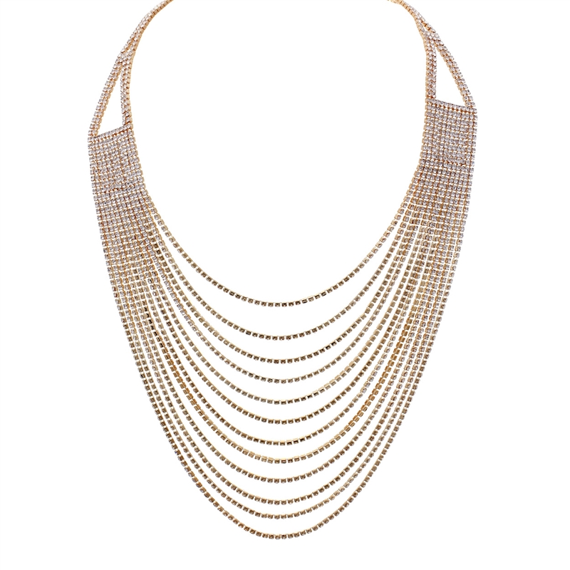 16070CR CLEAR RHINESTONE 12 ROW LAYERED DRAPE NECKLACE