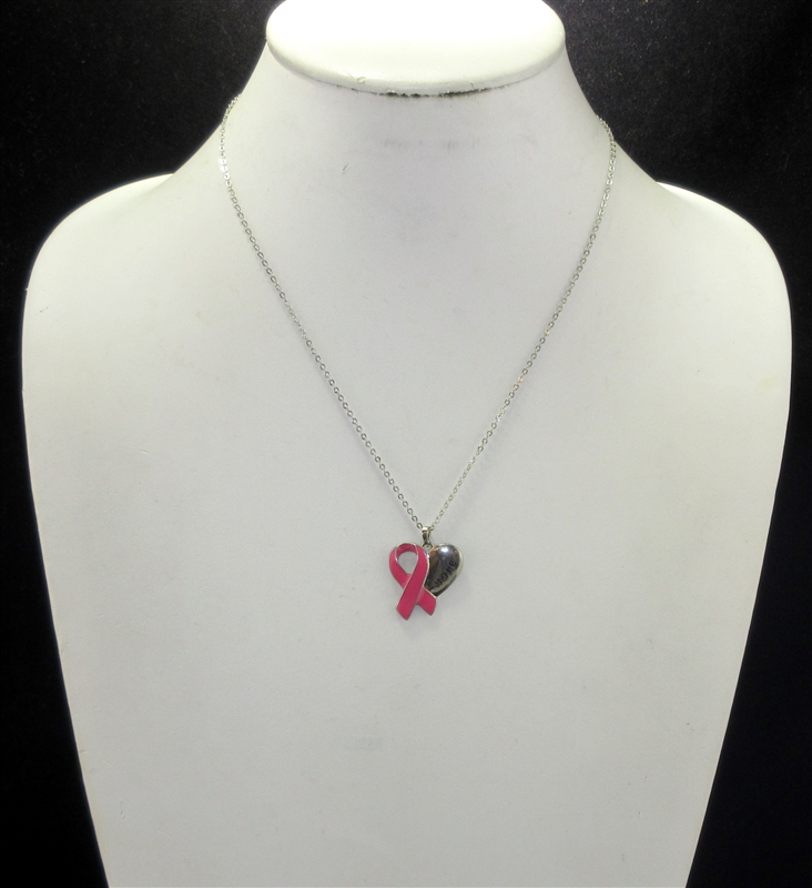 16157 INSPIRATIONAL HEART & PINK RIBBON SILVER NECKLACE