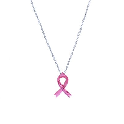 17093 RHINESTONE PINK RIBBON SILVER SHORT NECKLACE