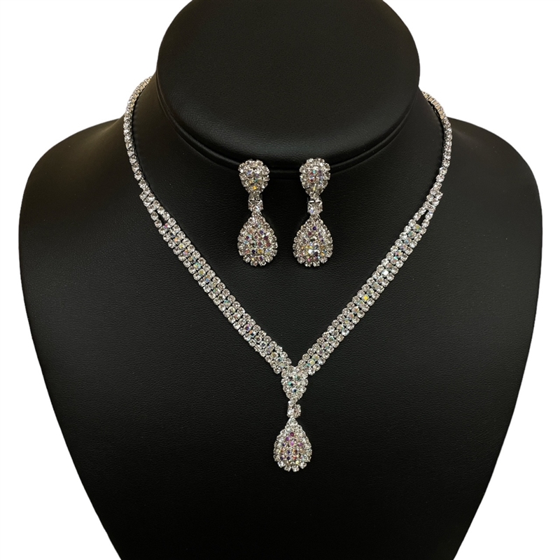 17317 AB- SILVER RHINESTONE TEARDROP SET NECKLACE