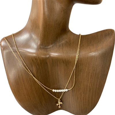 17336 GOLD PEARL & CROSS THIN LAYER SHORT NECKLACE