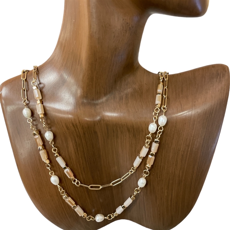 17385 BEADED GOLD LAYERED FRESH WATER PEARL NECKLACE