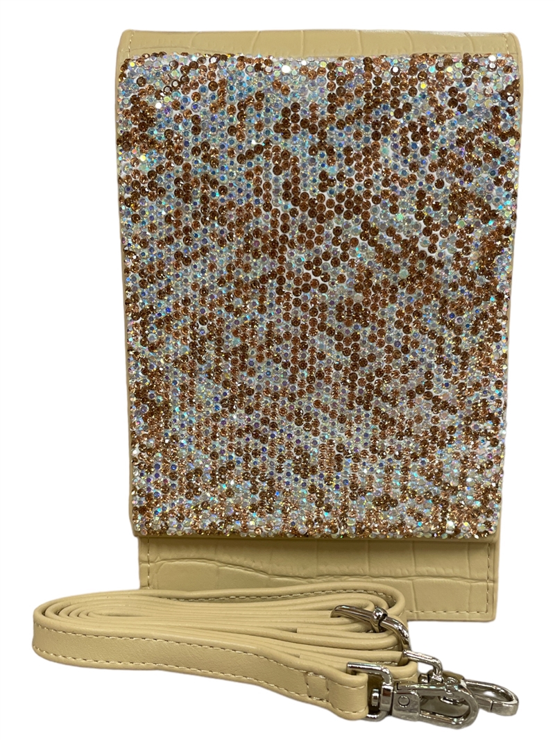 1761BC  BROWN RHINESTONE CREAM CROSSBODY BAG