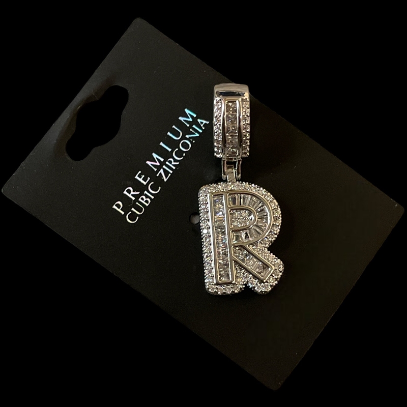 17992R ''R'' INITIAL PENDANT RHINESTONE & BAGUETTE CUBIC ZIRCONIA