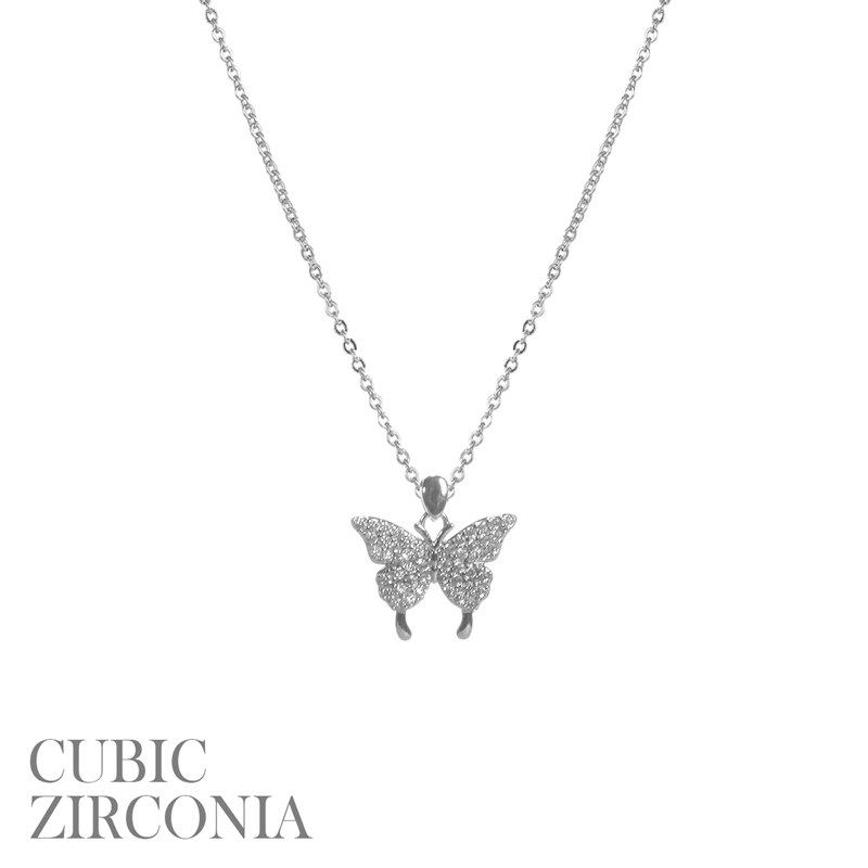 18020  ANTIQUE CZ SILVER BUTTERFLY SHORT NECKLACE