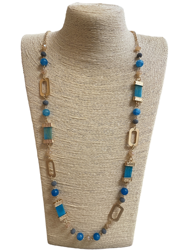 180BL  BLUE NATURAL STONE & CRYSTAL NECKLACE