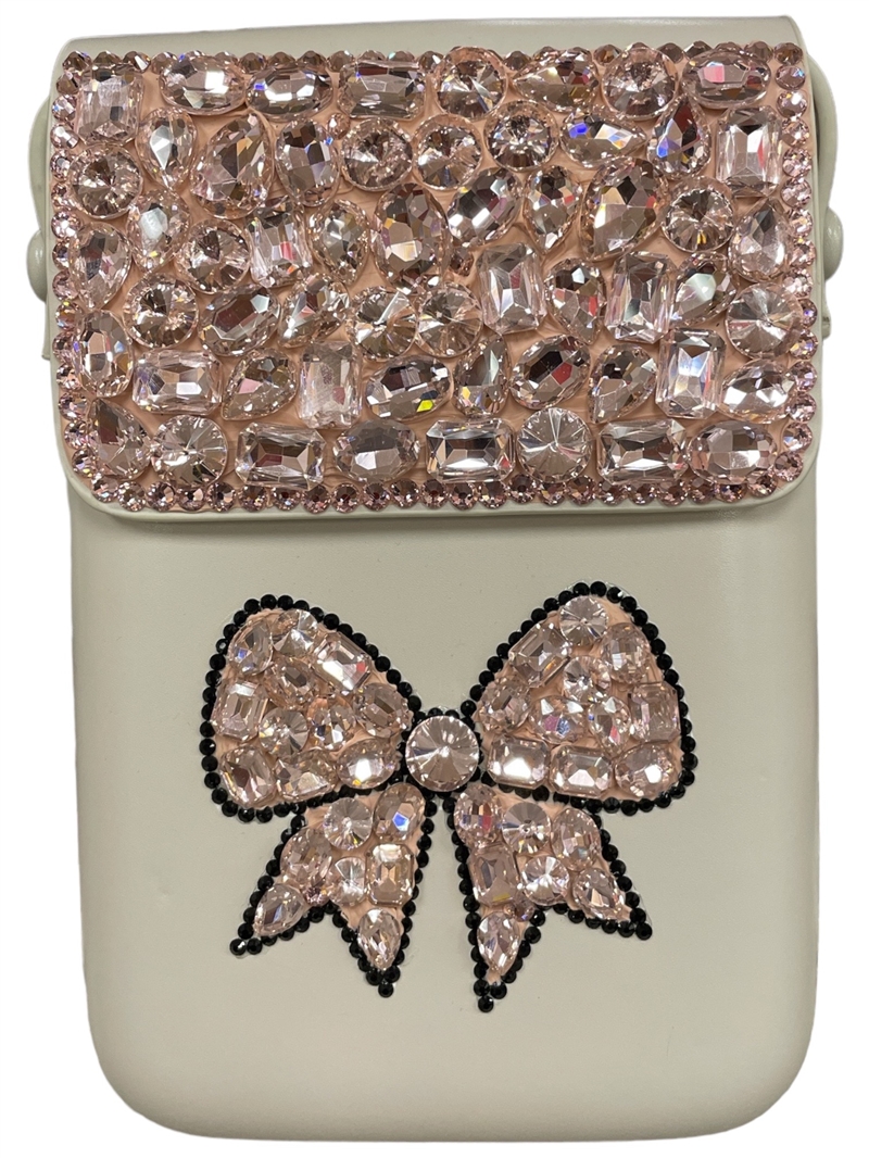 1862PK  CREAM & PINK BOW RHINESTONE CROSSBODY BAG