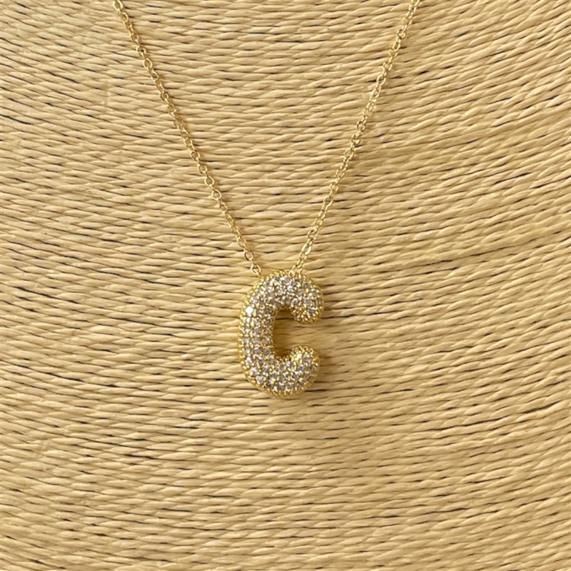 18633 ''C'' INITIAL PENDANT CUBIC ZIRCONIA SHORT GOLD NECKLACE