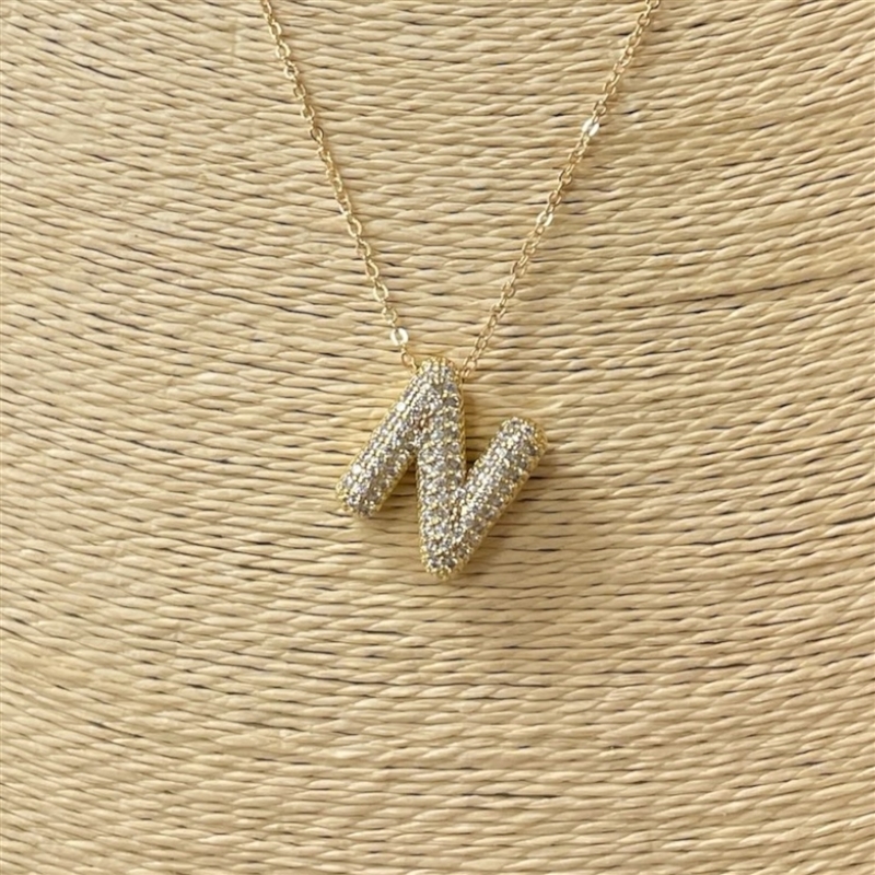 18633 ''N'' INITIAL PENDANT CUBIC ZIRCONIA SHORT GOLD NECKLACE
