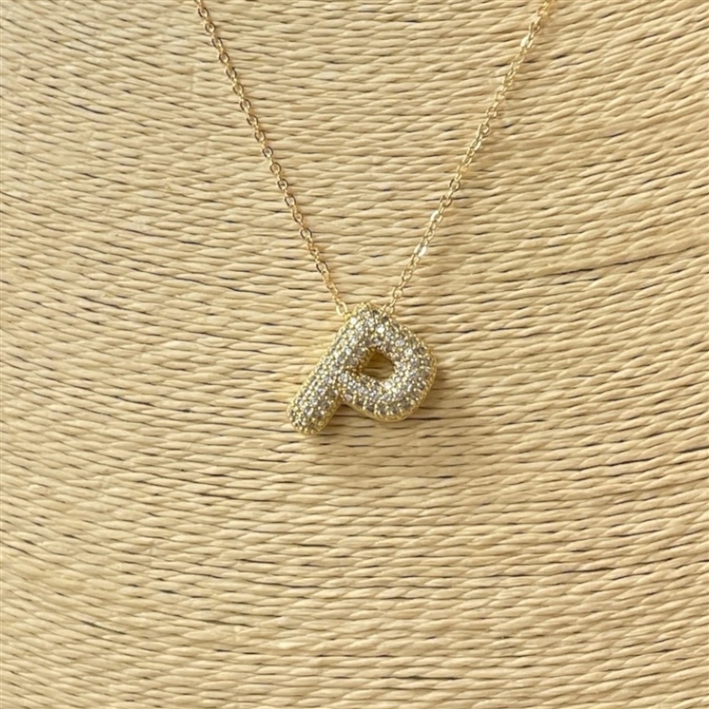 18633 ''P'' INITIAL PENDANT CUBIC ZIRCONIA SHORT GOLD NECKLACE