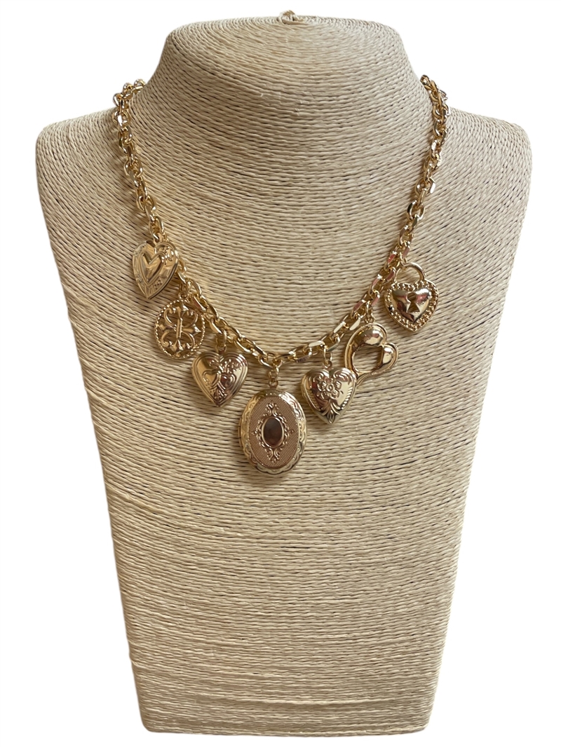 18637 HEART LOCKET MULTI CHARM GOLD NECKLACE