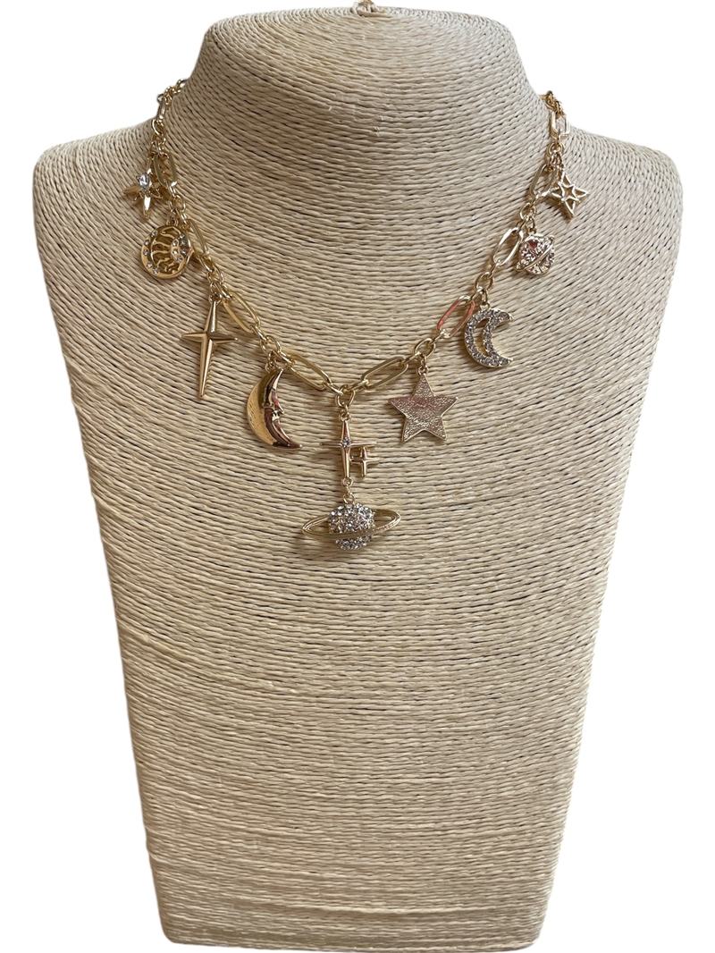 18640 RHINESTONE SATURN MULTI CHARM GOLD NECKLACE