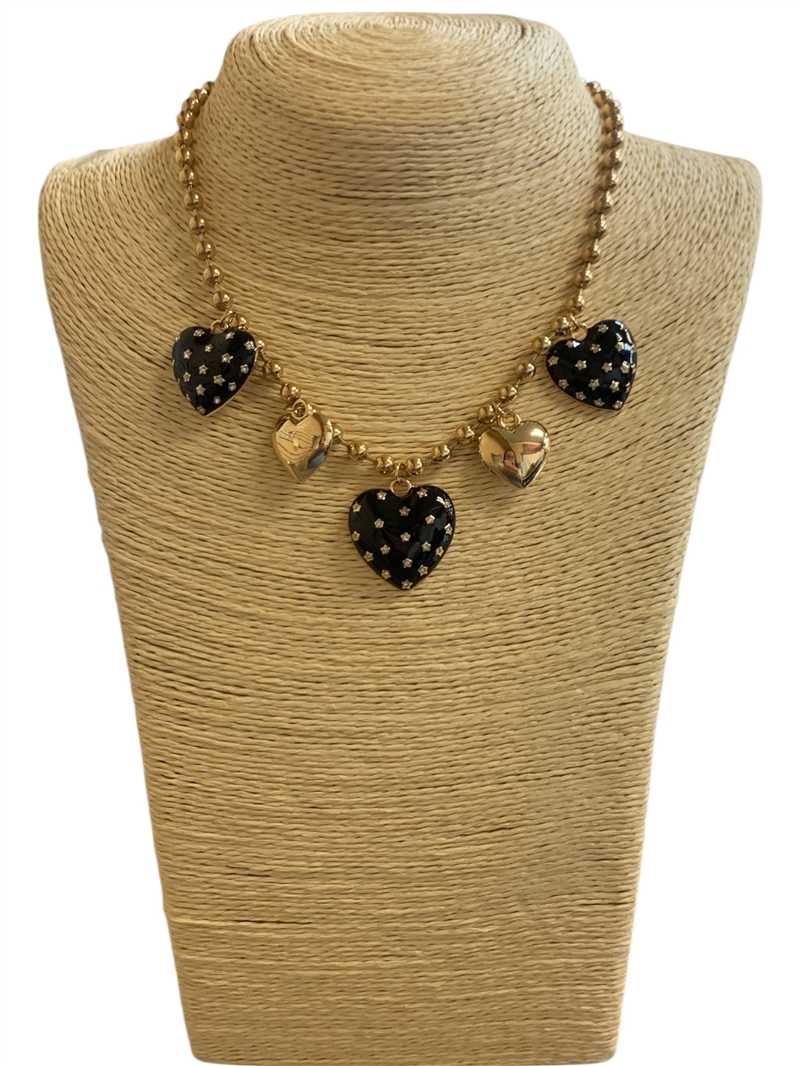 18765 BLACK HEART CHARMS BEADED NECKLACE