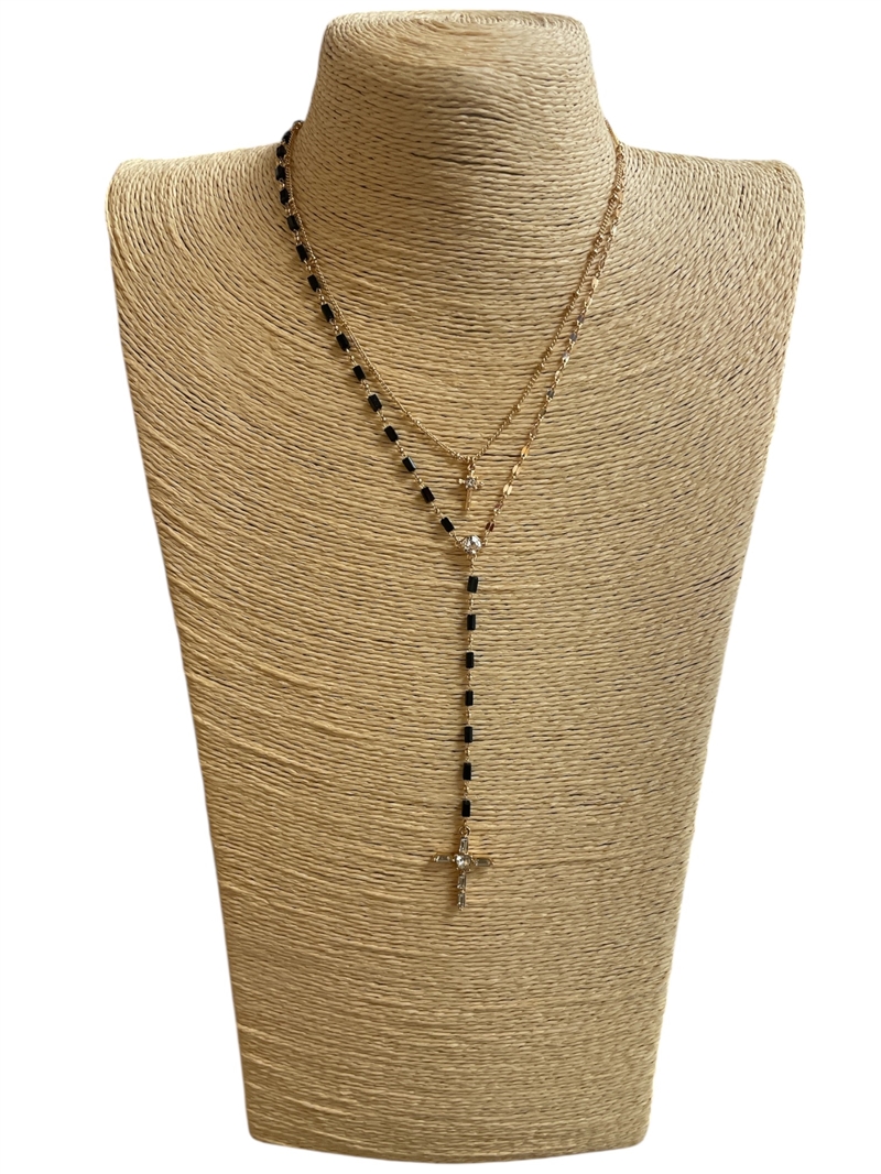 18806  SMALL CROSS BLACK GOLD CHAIN NECKLACE