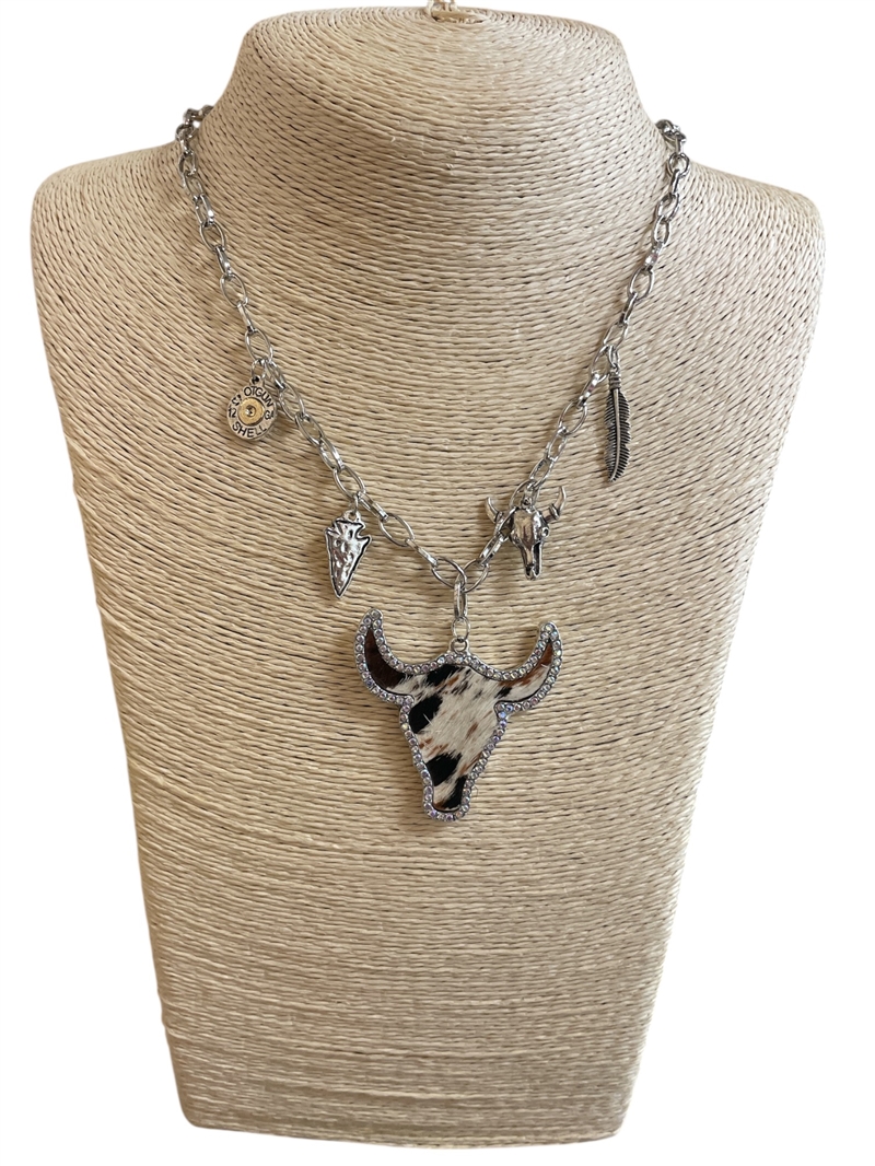 18870 BLACK WHITE LEATHER FUR COW HEAD NECKLACE
