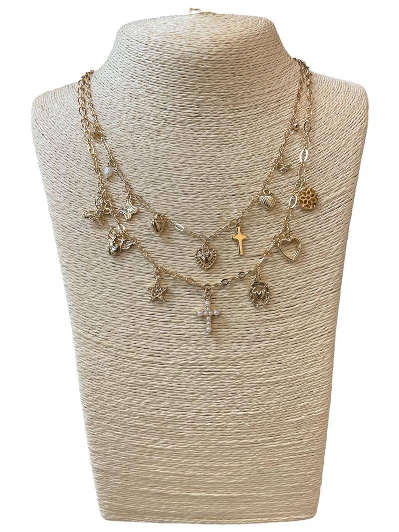18873 GOLD MULTI CHARM NECKLACE 2 PIECE SET