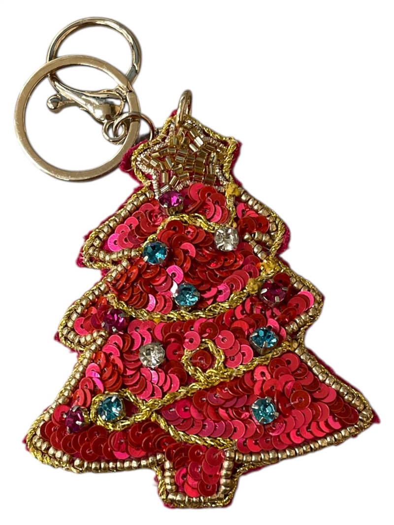 19-1077 SEED BEAD FUCHSIA CHRISTMAS TREE KEYCHAIN