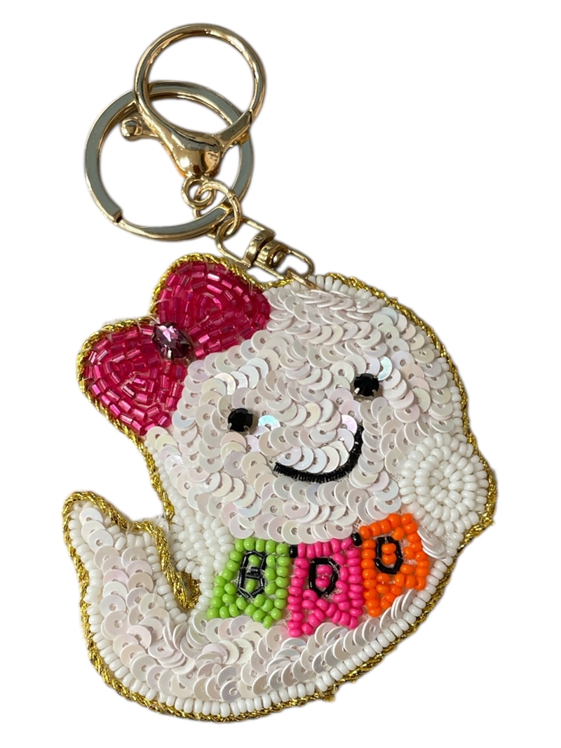19-1080 SEED BEAD PINK BOW GHOST KEYCHAIN