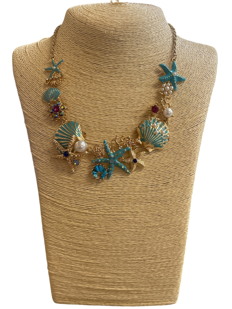 19076 BLUE MULTI RHINESTONE SEA LIFE STATEMENT NECKLACE