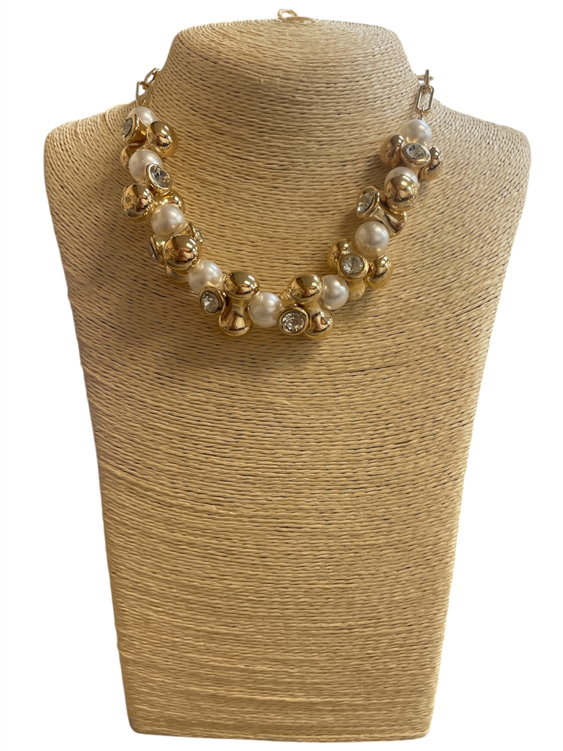 19112 PEARL & RHINESTONE BEADED GOLD NECKLACE