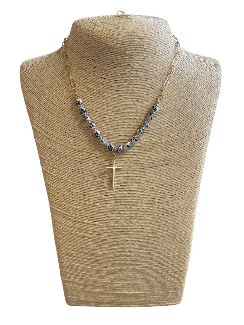 19113 BLUE BEADED & GOLD CROSS DAINTY NECKLACE