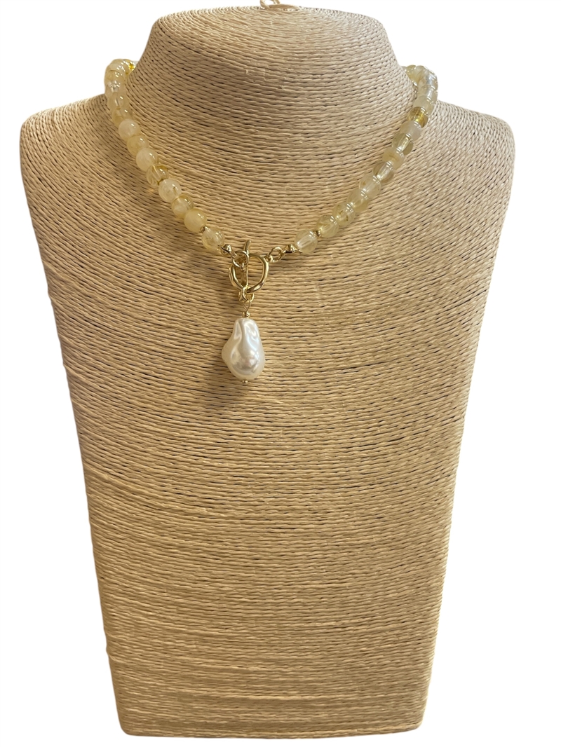 19122 BEADED BEIGE MULTI PEARL DROP TOGGLE NECKLACE