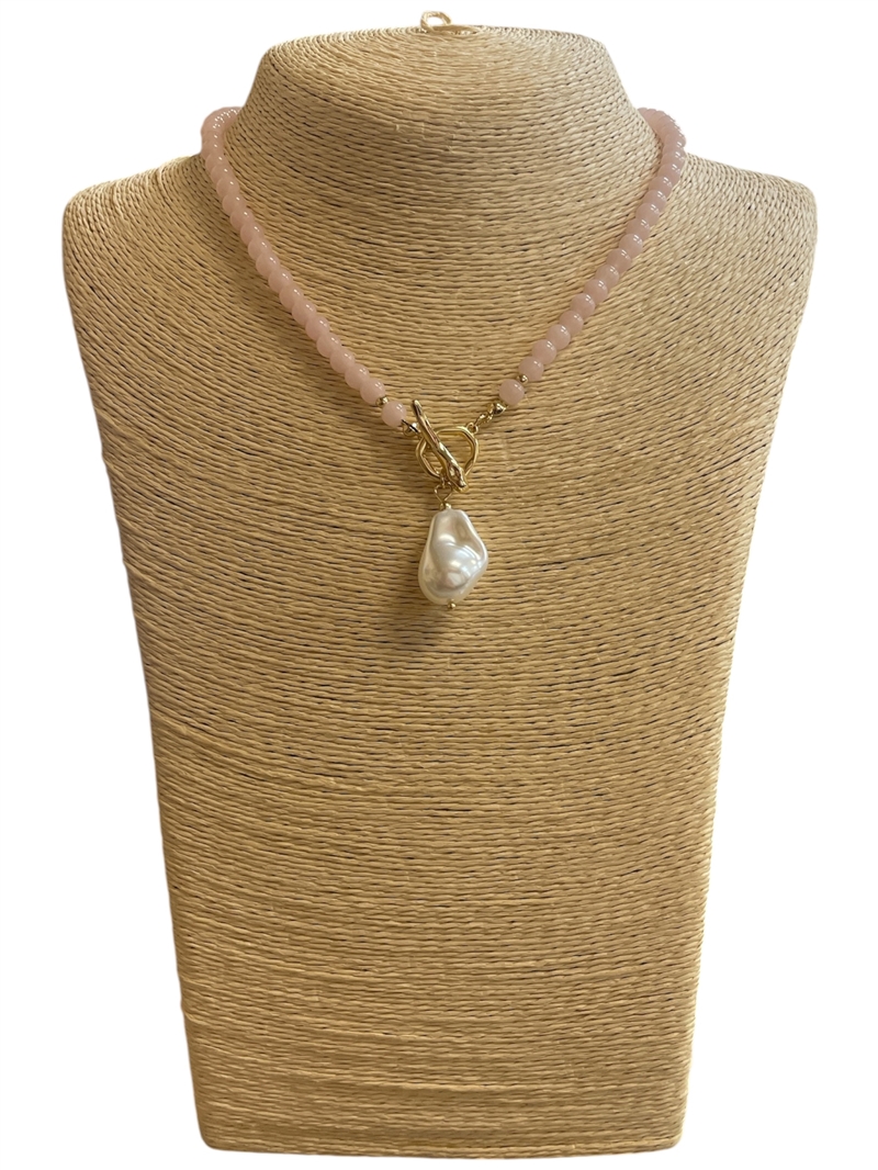 19123 LIGHT PINK BEADED PEARL DROP TOGGLE NECKLACE