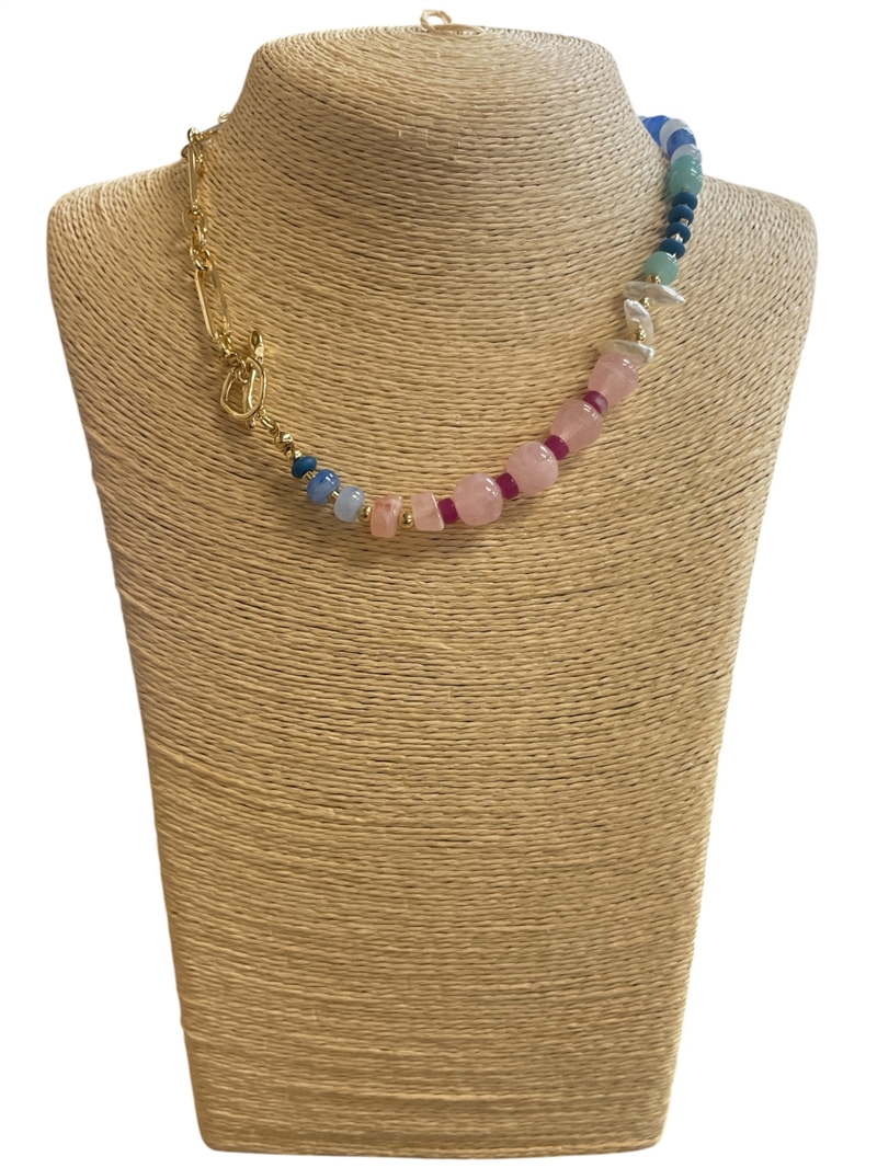 19128 LIGHT MULTI COLOR BEADED GOLD TOGGLE NECKLACE