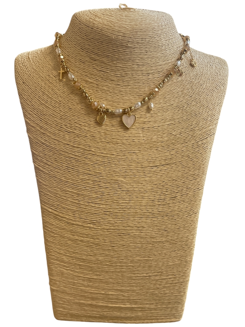 19131 CHAMPAGNE CRYSTAL & PEARL BEADED MULTI CHARM SHORT NECKLACE