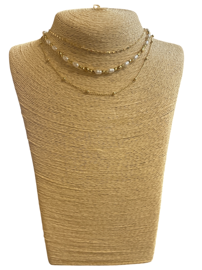 19132 GOLD PEARL BEADED MULTI LAYERED SHORT NECKLACE