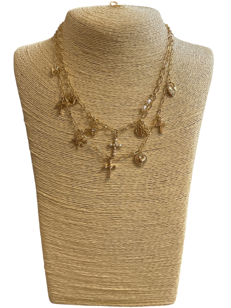 19142 CROSS MULTI CHARMS GOLD LAYERED NECKLACE