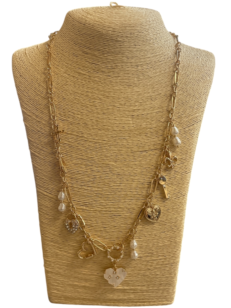 19143 PEARL & HEART MULTI CHARMS LONG GOLD NECKLACE