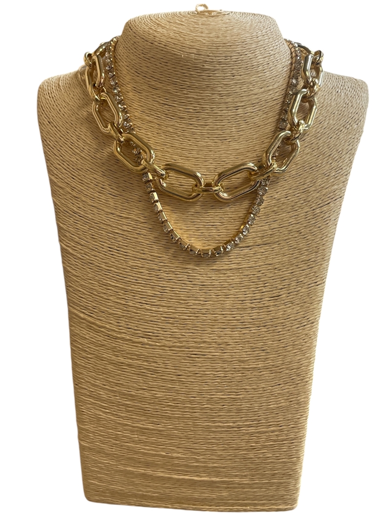 19154 CHAIN LINK & RHINESTONE 2 PC NECKLACE
