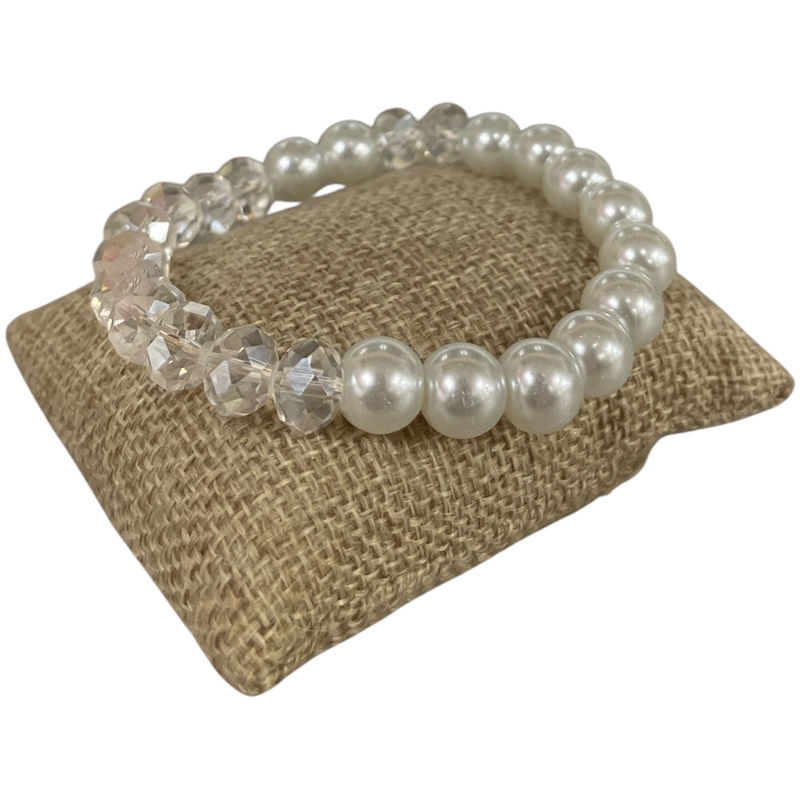 195CP 10MM CLEAR & PEARL  CRYSTAL BRACELET
