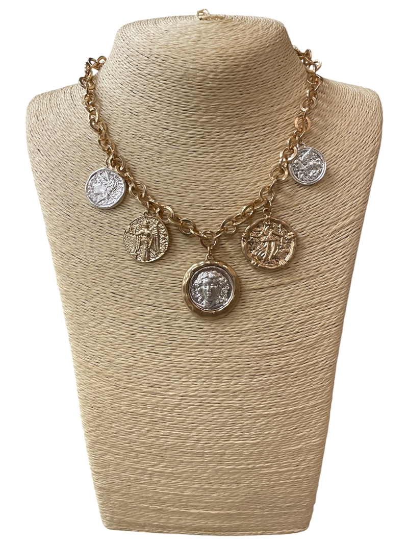 1NDN2230 TWO TONE HAMMERED MULTI COIN CHARM NECKLACE