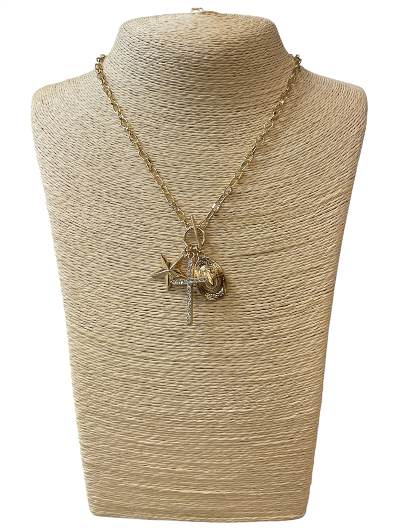 1NLN2171 GOLD MULTI CHARM WESTERN SHORT NECKLACE