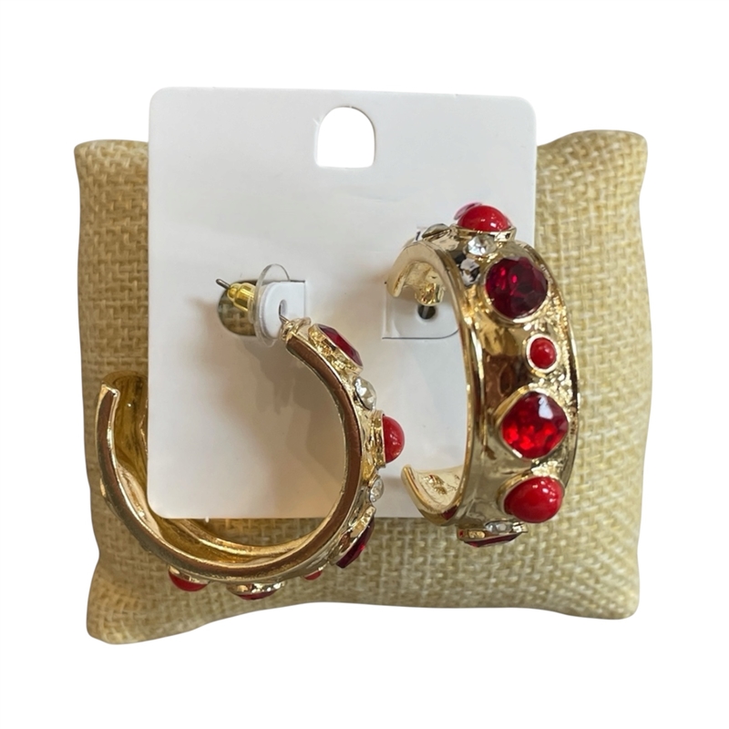 1NME1093R RED STONE & CRYSTAL GOLD MEDIUM HOOP EARRINGS