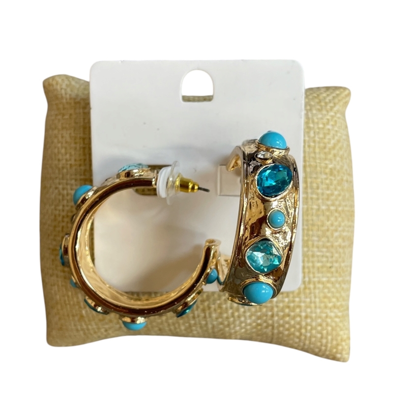 1NME1093T TURQUOISE STONE & CRYSTAL GOLD MEDIUM HOOP EARRINGS