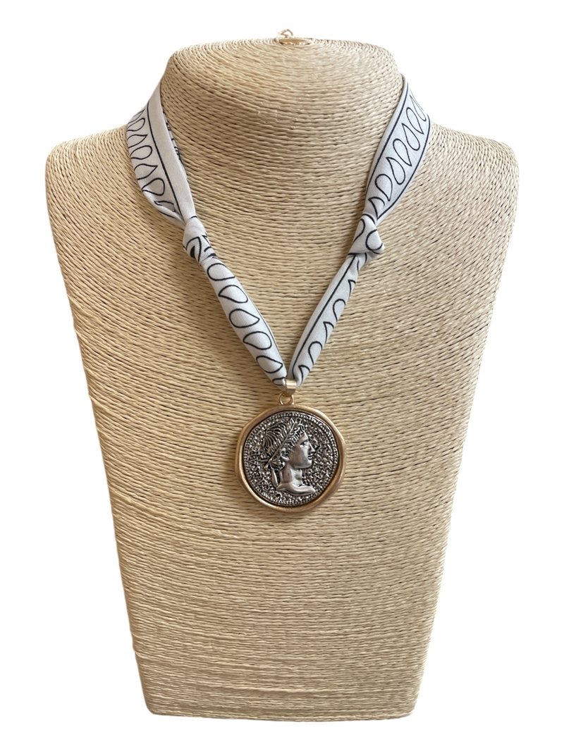 1NON2197 TWO TONE COIN WHITE  SCARF NECKLACE