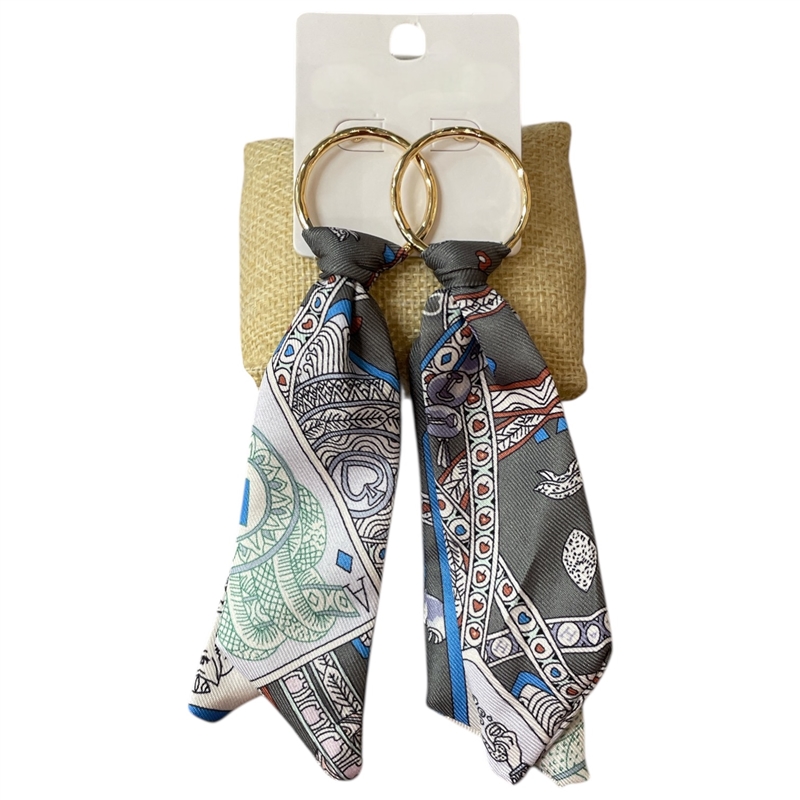1NUE1124 GOLD GRAY MULTI LONG FABRIC EARRINGS