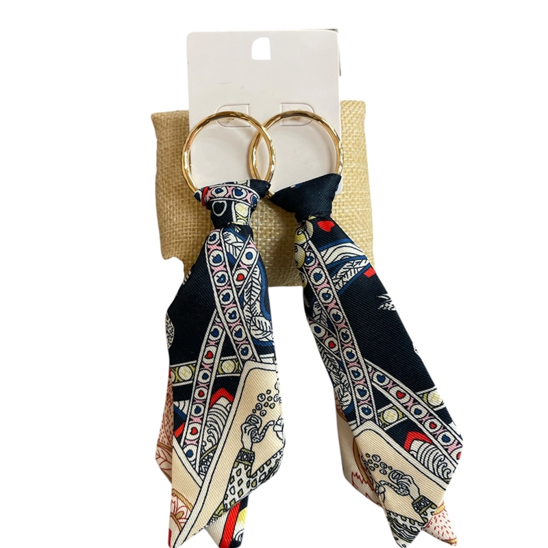 1NUE1124 GOLD NAVY MULTI LONG FABRIC EARRINGS