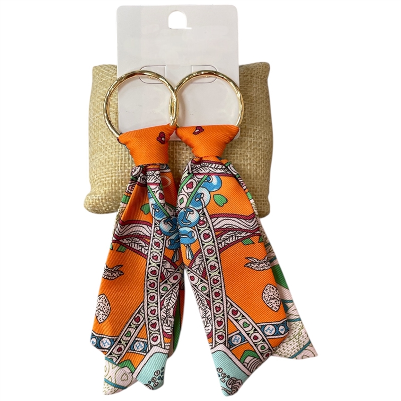 1NUE1124 GOLD ORANGE MULTI LONG FABRIC EARRINGS