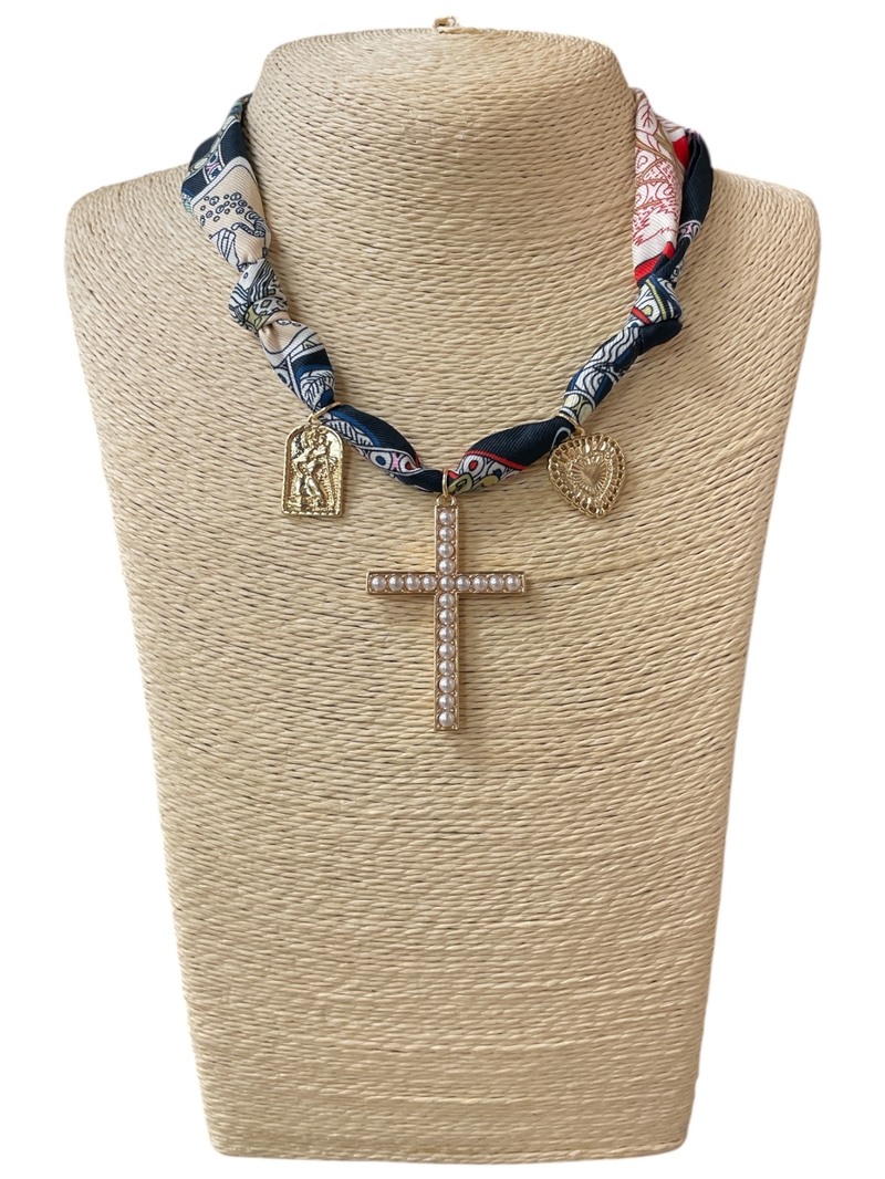 1NUN2131  CROSS  CHARMS BLUE SCARF NECKLACE